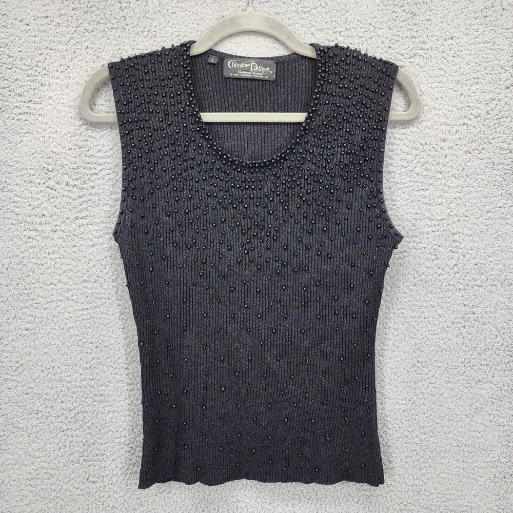 Christine Phillipe Vintage 90s Beaded Ribbed Knit Tank Top Black Large